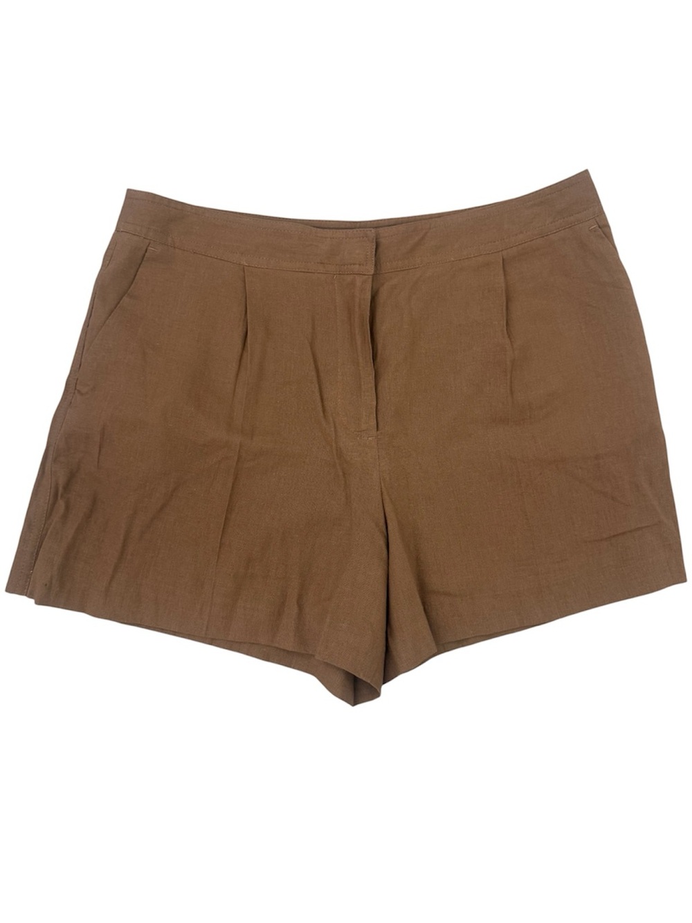 ZARA LINEN CLASSIC PLEATED SHORT CAMEL BROWN SIZE LARGE